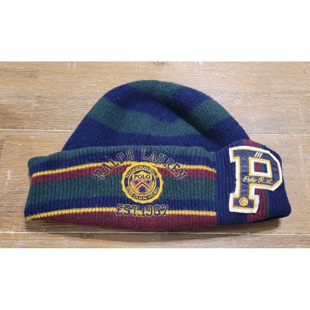POLO RALPH LAUREN Collegiate Logo Patch Wool-Blend Beanie Hat Winter Cap Blue